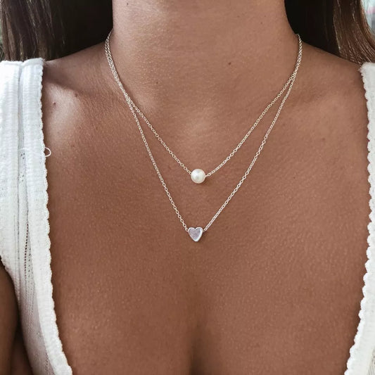 New Double Layer Necklace For Women Imitation Pearl Crystal Heart Pendant Chokers Necklaces Girls Gift Bohemia Cheap Jewelry