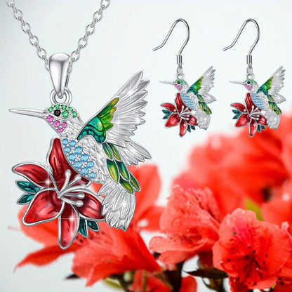 3pcs/set, Cute Hummingbird Red Flower Earrings Necklace Set, Birthday Christmas GiftsAnniversary Party Gifts,in A Niche Style,