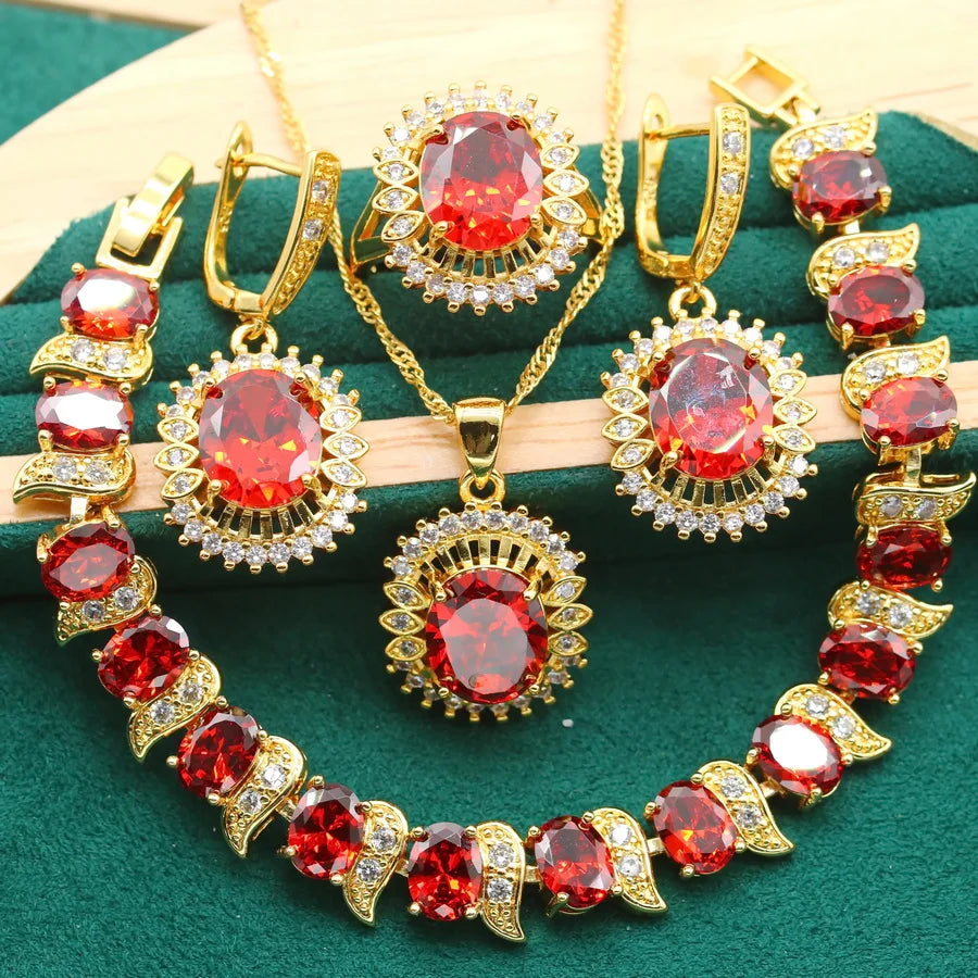 Exquisite Gold Color Bride Jewelry Sets for Women Wedding Green Zircon Bracelet Earrings Necklace Pendant Ring Holiday Gift