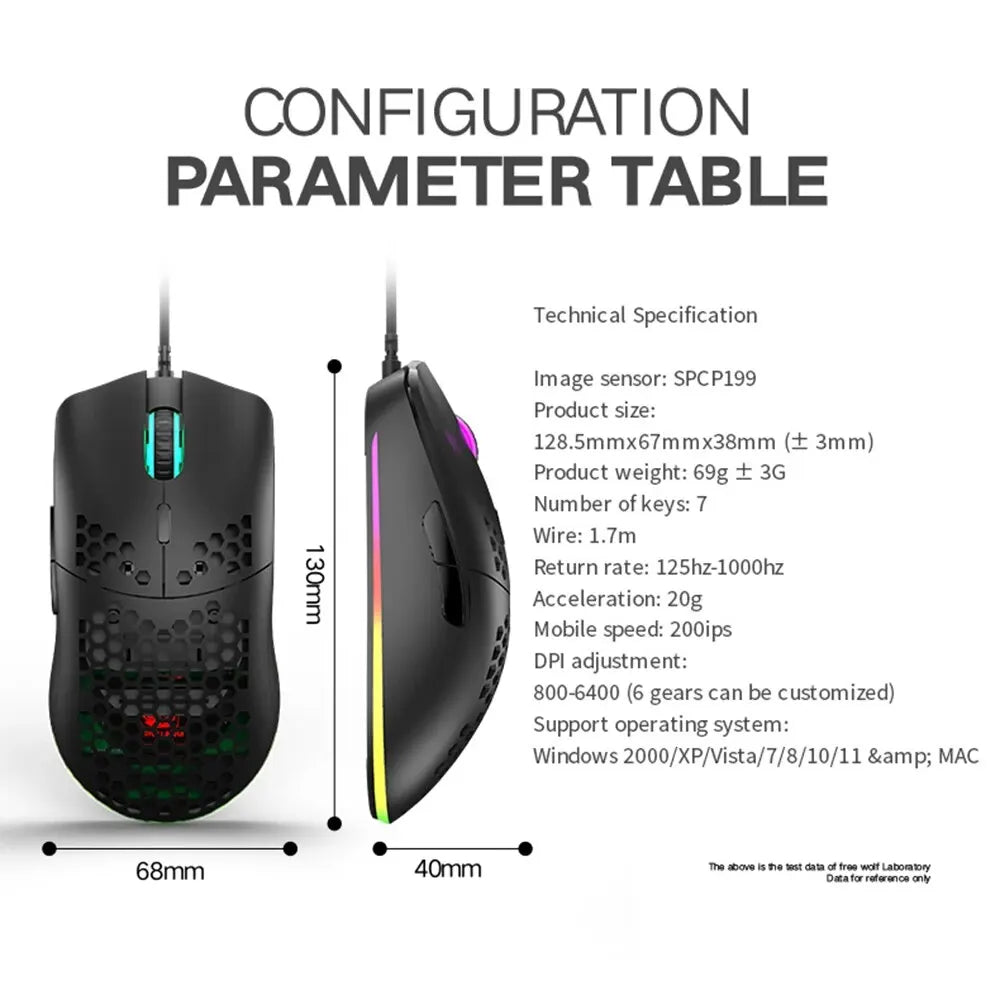 Wired Gaming Mouse - Ultralight Honeycomb Shell RGB Backlit