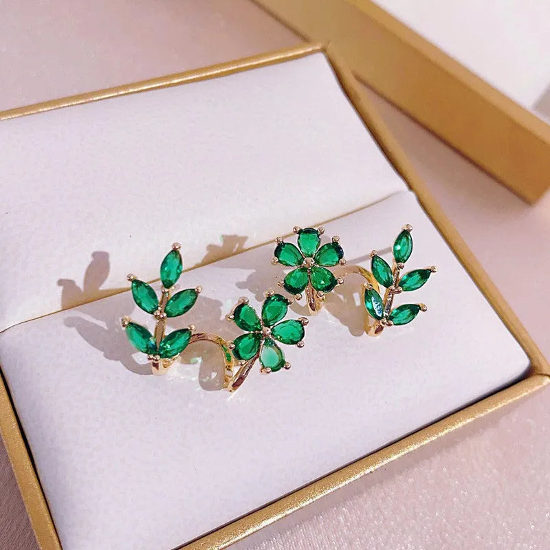 925 Silver Needle Green Flower Earrings For Women Korean Fashion Jewelry 2024 Trending Luxury Zircon Leaf Women's Stud Earrings