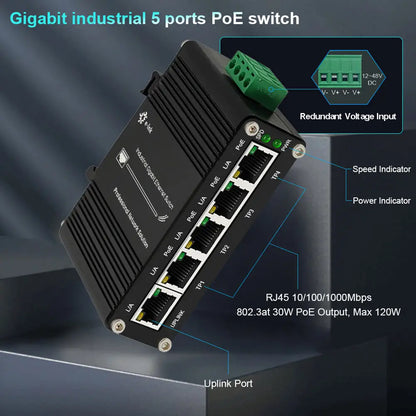 Industrial 5 Port (PoE) Gigabit Ethernet Switch 4 Port Switch with SFP 10/100/1000Mbps RJ45 DIN Rail IP40 Aluminium Case