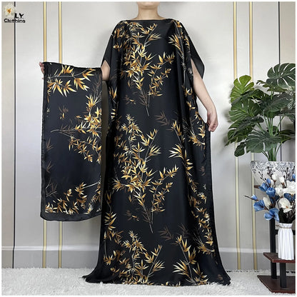 2024 Latest Dubai Islam For Women Print Loose Elegant Dress African Abaya Maxi Summer Short Sleeve Silk Soft Lady Party Dress