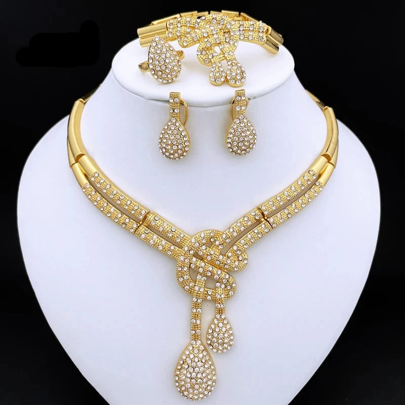 Dubai Gold Color Women Jewelry Sets Classic Design Necklace Earrings Charm Bracelet Ring  Banquet Party Jewelry 18K Gold Plated