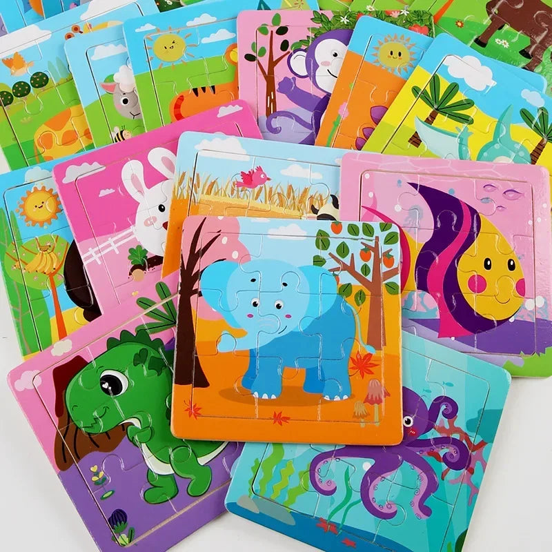 Wooden Puzzles Cartoon Animals Montessori Game Kids