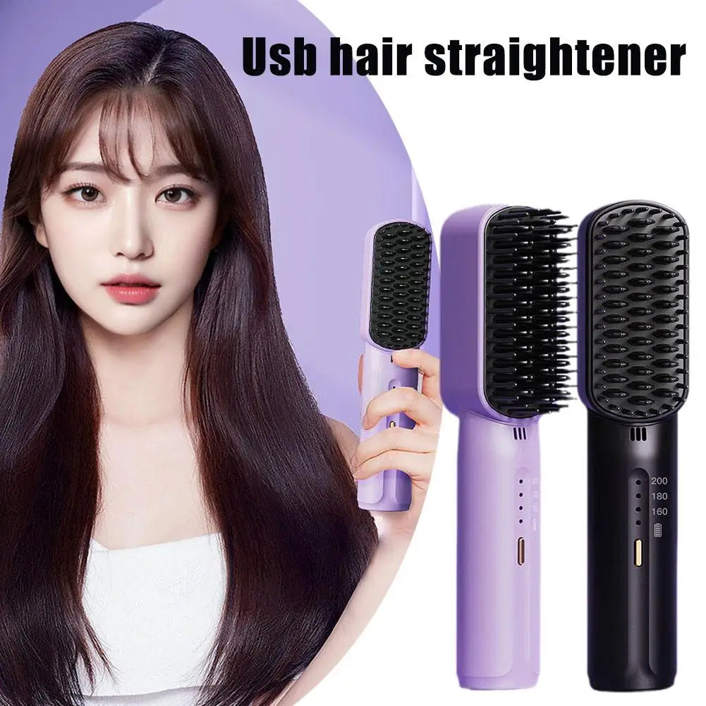 Lazy Hair Straightener Wireless Hair Hot Comb Mini USB Rechargeable Fast Heating Straightening Brush for Home Travel E7X5