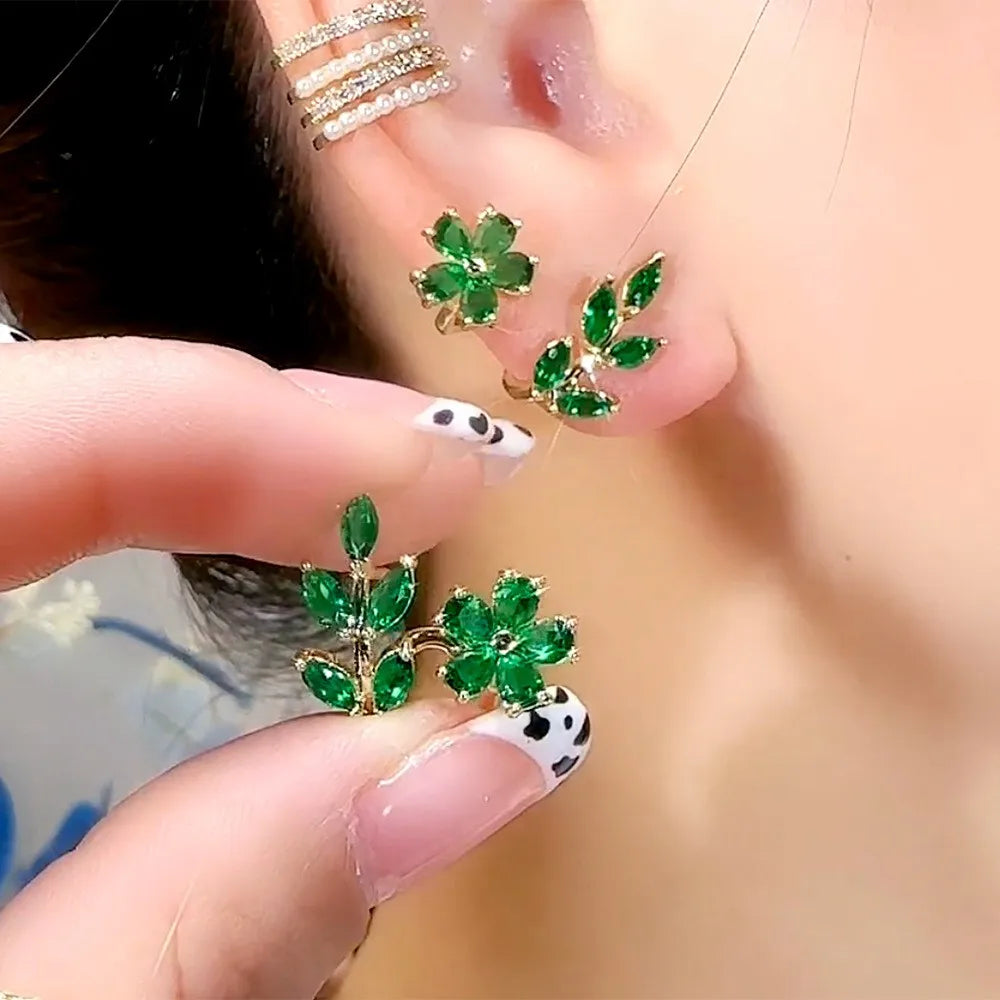 925 Silver Needle Korean Fashion Green Flower Earrings For Women Jewelry 2024 Trending Luxury Zircon Leaf Women's Earrings JN9