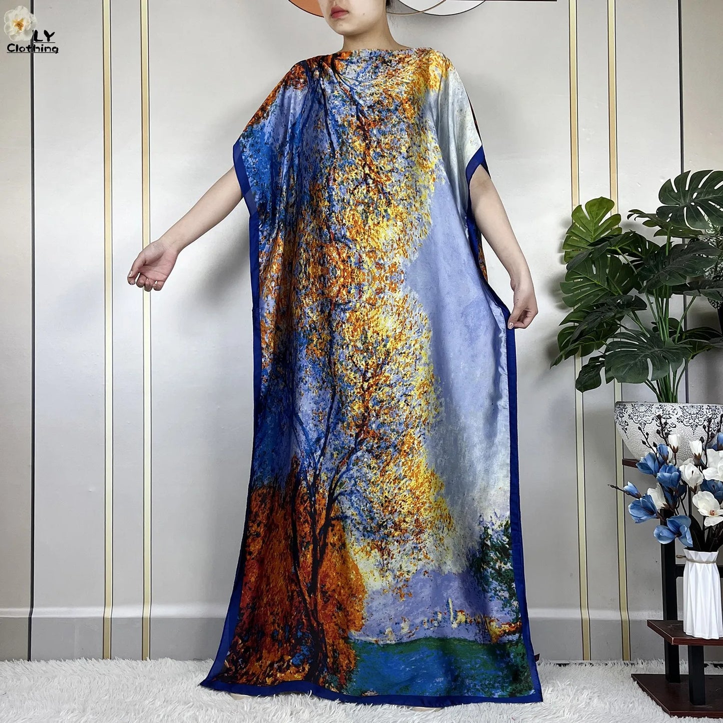 2024 Latest Dubai Islam For Women Print Loose Elegant Dress African Abaya Maxi Summer Short Sleeve Silk Soft Lady Party Dress