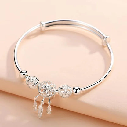 925 Sterling Silver Bracelets For Women Adjustable Bangle Dreamcatcher Tassel Feather Round Bead Charm Bracelet Wedding Jewelry