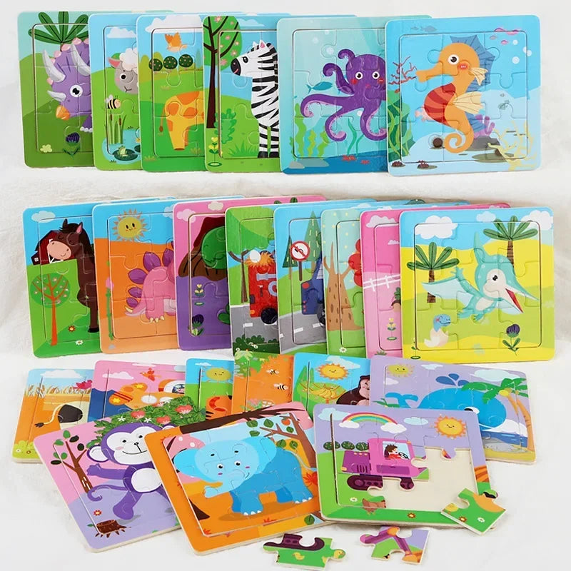 Wooden Puzzles Cartoon Animals Montessori Game Kids