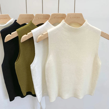 Solid Basic Women's Vest Tank Top Simple Knitted Tees T-Shirt Cropped Top Loose Elegant Women's clothing Camisole Sweater Spring