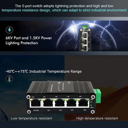 Industrial 5 Port (PoE) Gigabit Ethernet Switch 4 Port Switch with SFP 10/100/1000Mbps RJ45 DIN Rail IP40 Aluminium Case