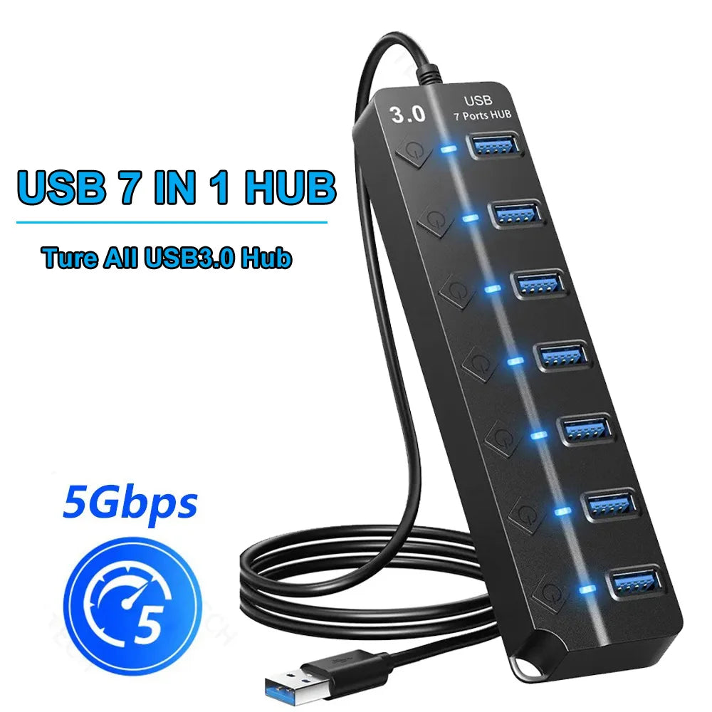 USB Hub 3.0 Multiprise USB High Speed Splitter 7 Port 5Gbps Power Adapter USB 2.0 Expander Switch for Computer Accessories