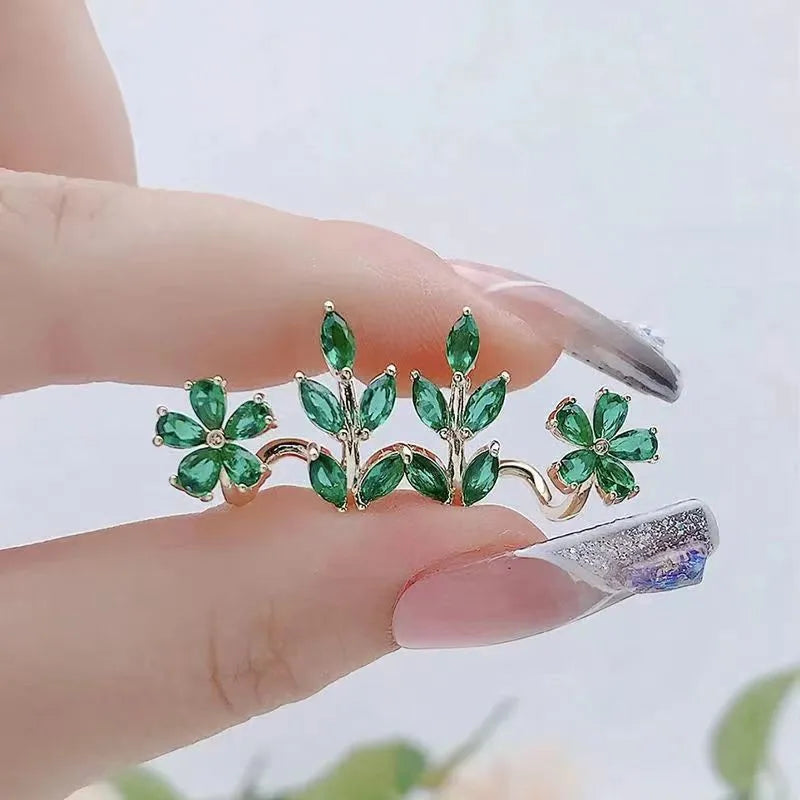 925 Silver Needle Korean Fashion Green Flower Earrings For Women Jewelry 2024 Trending Luxury Zircon Leaf Women's Earrings JN9