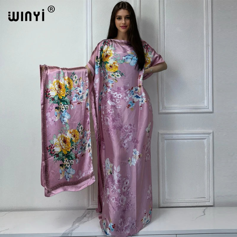 WINYI Bohemia new print Africa dress Dubai Muslim Dashiki Caftan holiday Design With belt evening dress elegant abayas for women