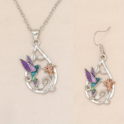 3pcs, Cute Hummingbird with Flowers Decor Waterdrop Shaped Pendant Necklace Earrings, Birthday Holiday Gift Anniversary Party