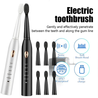 Sonic Rechargeable Electric Toothbrush Washable Whitening Timer for Men and Women Adult With 4pcs Head Soft Hair IPX7 Waterproof