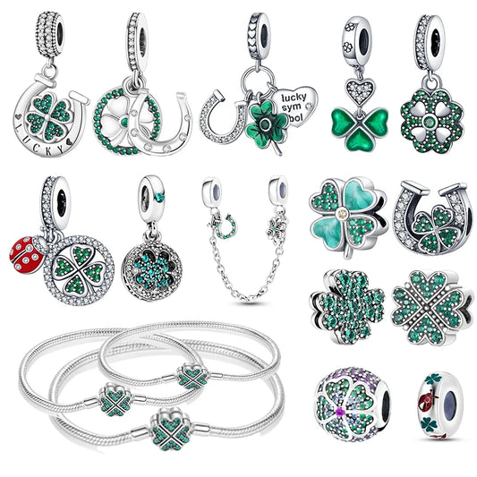 925 Sterling Silver Green Series Green  Four Leaf Pendant DIY Fine Beads Fit Original Pandora Charms Bracelet Women Jewelry Diy