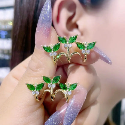 Green Butterfly Zircon Earrings For Women Korean Fashion Luxury Crystal Leaf Bud Stud Earrings Party Holiday Pastoral Jewelry