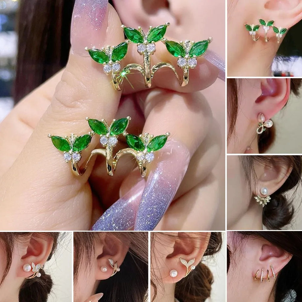 Green Butterfly Zircon Earrings For Women Korean Fashion Luxury Crystal Leaf Bud Stud Earrings Party Holiday Pastoral Jewelry