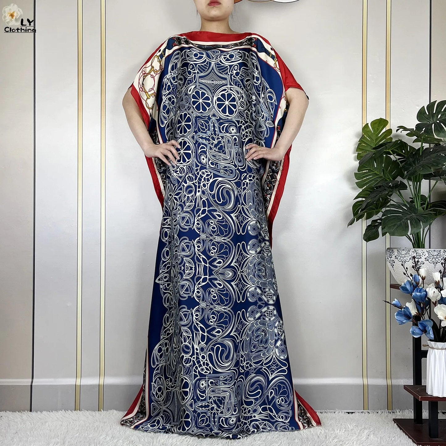 2024 Latest Dubai Islam For Women Print Loose Elegant Dress African Abaya Maxi Summer Short Sleeve Silk Soft Lady Party Dress