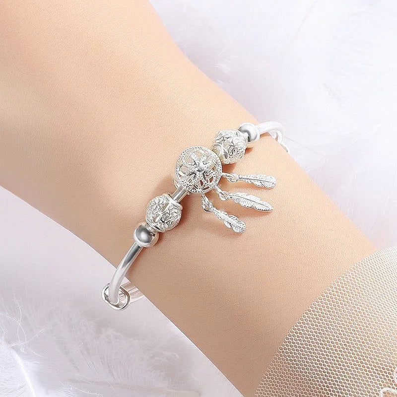 925 Sterling Silver Bracelets For Women Adjustable Bangle Dreamcatcher Tassel Feather Round Bead Charm Bracelet Wedding Jewelry