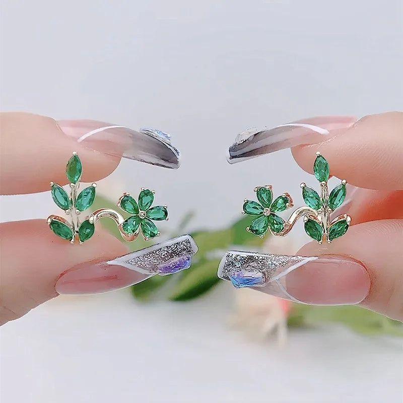 925 Silver Needle Green Flower Earrings For Women Korean Fashion Jewelry 2024 Trending Luxury Zircon Leaf Women's Stud Earrings