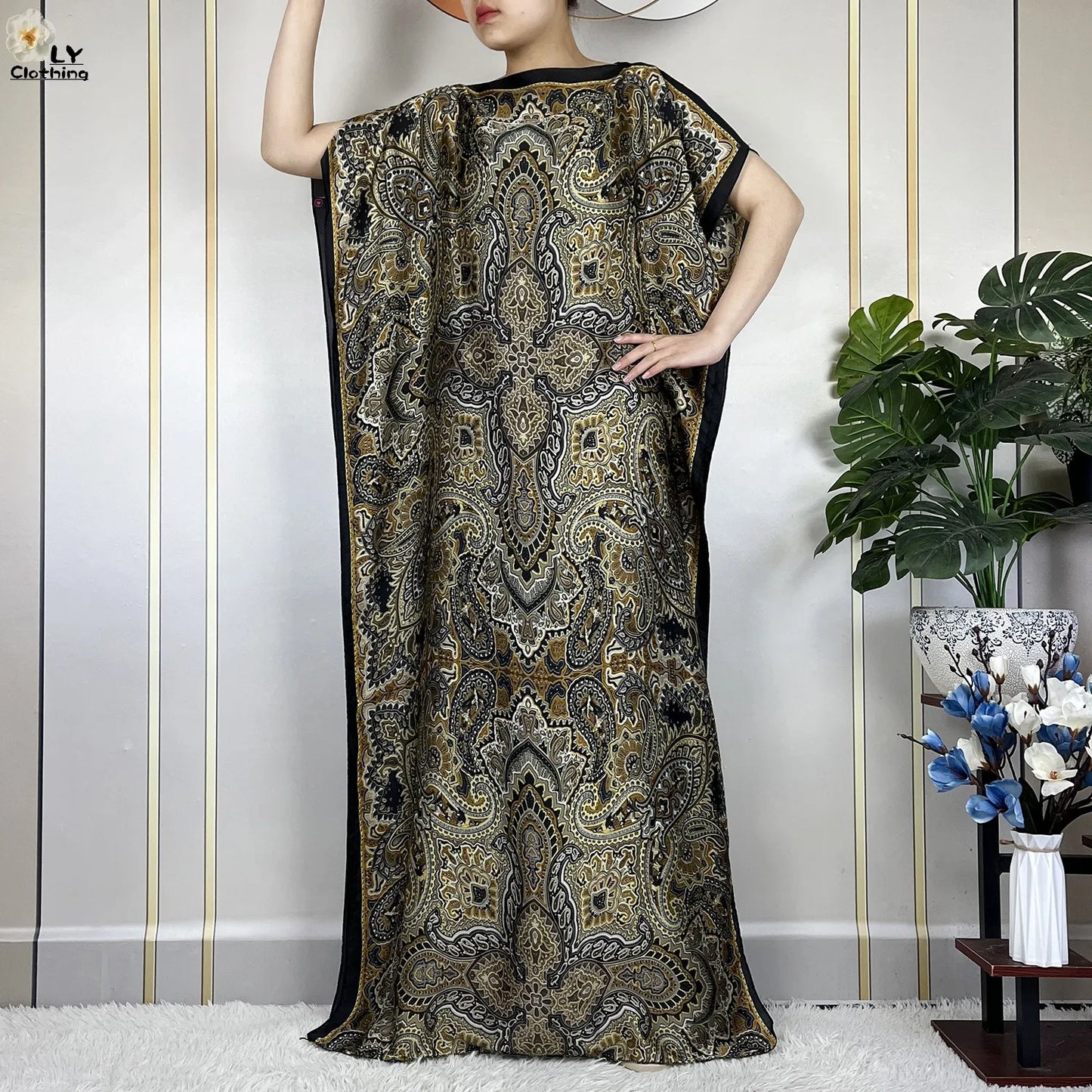 2024 Latest Dubai Islam For Women Print Loose Elegant Dress African Abaya Maxi Summer Short Sleeve Silk Soft Lady Party Dress