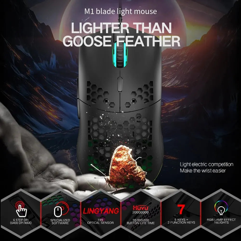 Wired Gaming Mouse - Ultralight Honeycomb Shell RGB Backlit