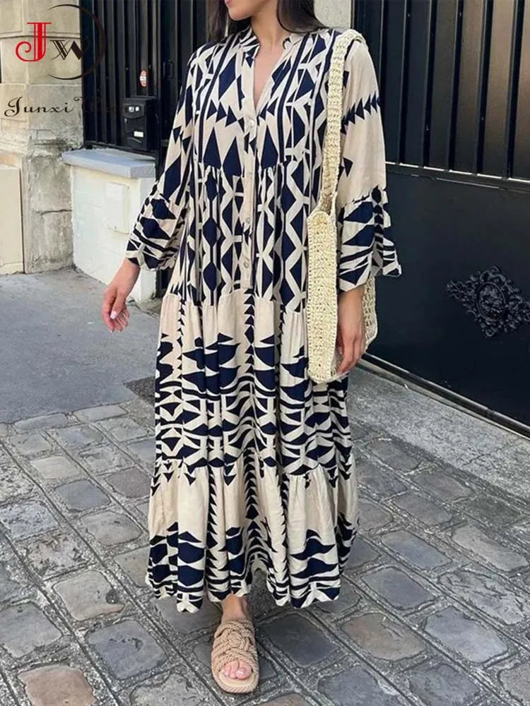 Long Sleeve Vintage Women Long Dress Casual Loose Summer Autumn Floral Printed Dress Elegant Clothing 2023