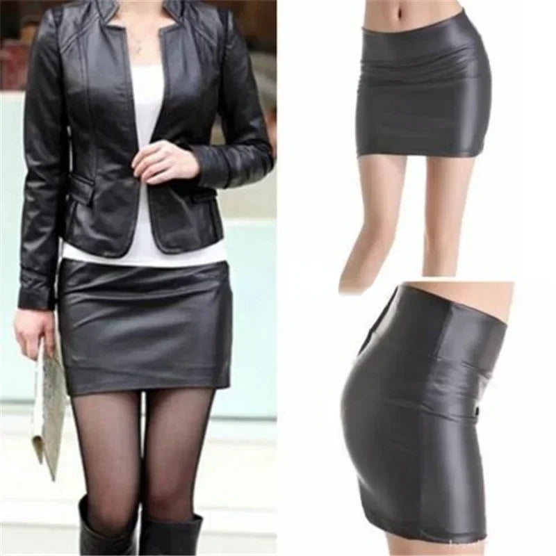 Women PU Leather Skirt High Waist Bodycon Short Skirt Office Ladies Work Wear Solid Black Sexy Party Women Elastic Mini Skirts