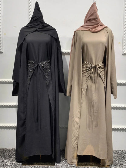 Handcraft Beads 3 Piece Muslim Set Matching Outfit Crinkled Crepe Open Abaya Kimono Long Sleeve Dress Wrap Skirt Dubai Autumn