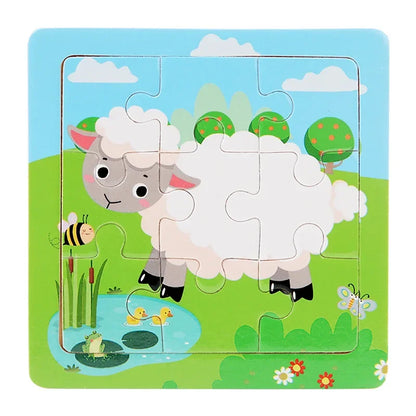 Wooden Puzzles Cartoon Animals Montessori Game Kids