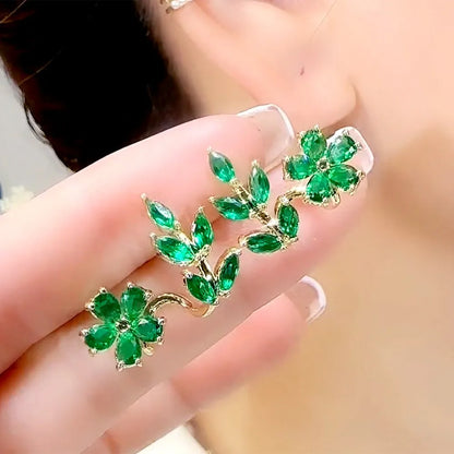 925 Silver Needle Green Flower Earrings For Women Korean Fashion Jewelry 2024 Trending Luxury Zircon Leaf Women's Stud Earrings