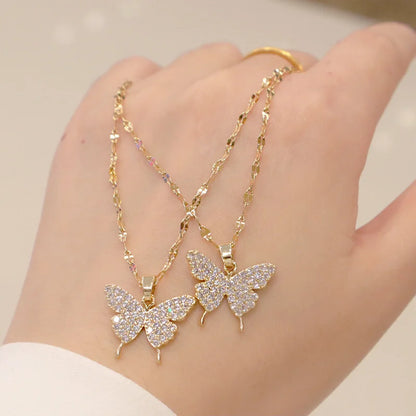 Shiny Butterfly Necklace Exquisite Golden Crystal Pendant Collar