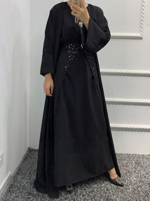 Handcraft Beads 3 Piece Muslim Set Matching Outfit Crinkled Crepe Open Abaya Kimono Long Sleeve Dress Wrap Skirt Dubai Autumn