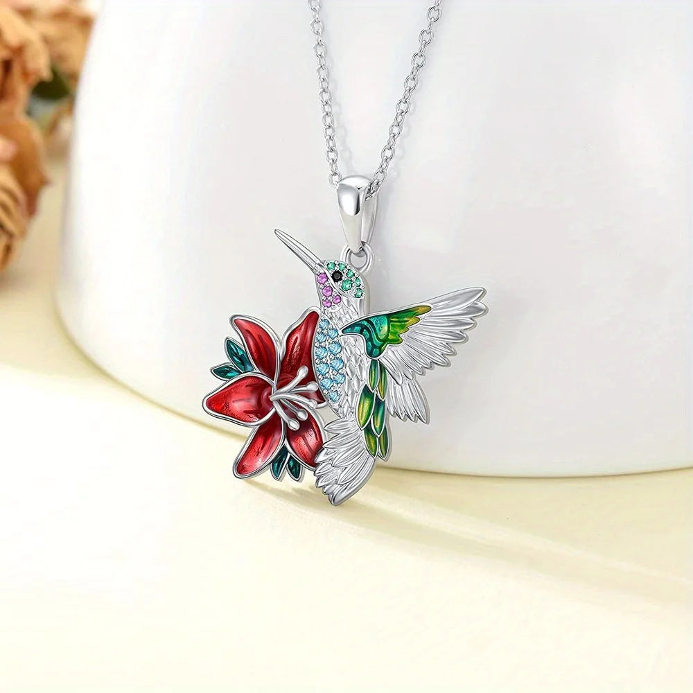 3pcs/set, Cute Hummingbird Red Flower Earrings Necklace Set, Birthday Christmas GiftsAnniversary Party Gifts,in A Niche Style,