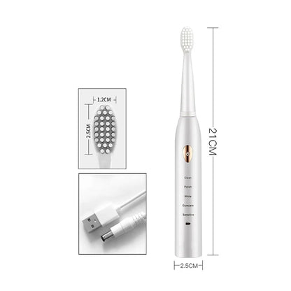 Sonic Rechargeable Electric Toothbrush Washable Whitening Timer for Men and Women Adult With 4pcs Head Soft Hair IPX7 Waterproof