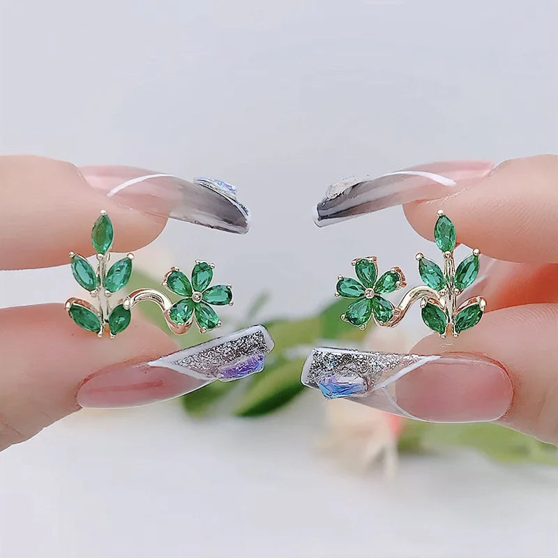 925 Silver Needle Korean Fashion Green Flower Earrings For Women Jewelry 2024 Trending Luxury Zircon Leaf Women's Earrings JN9