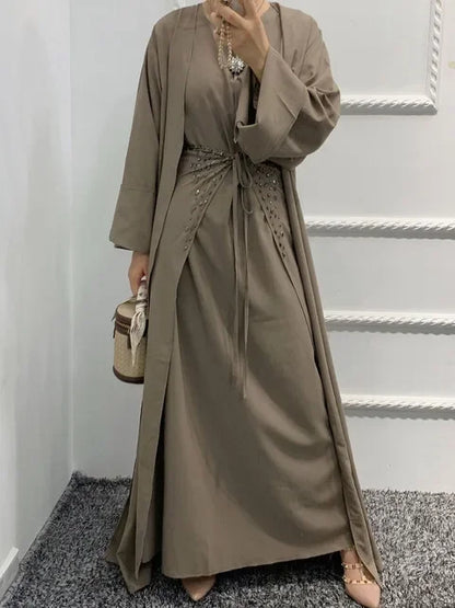 Handcraft Beads 3 Piece Muslim Set Matching Outfit Crinkled Crepe Open Abaya Kimono Long Sleeve Dress Wrap Skirt Dubai Autumn