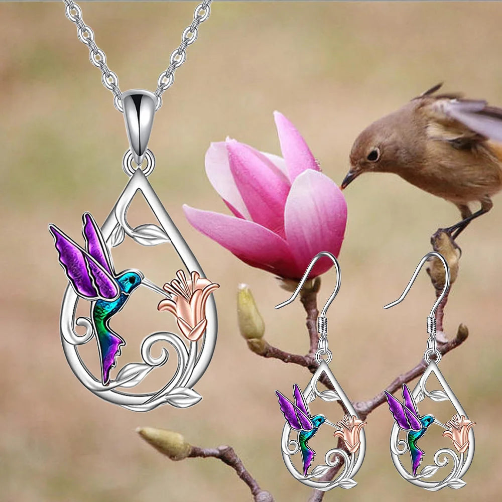 3pcs, Cute Hummingbird with Flowers Decor Waterdrop Shaped Pendant Necklace Earrings, Birthday Holiday Gift Anniversary Party