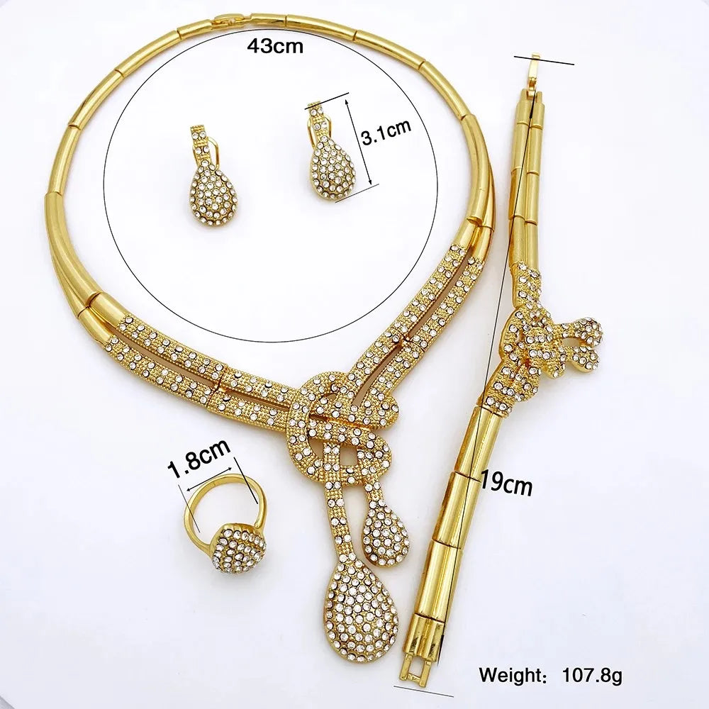 Dubai Gold Color Women Jewelry Sets Classic Design Necklace Earrings Charm Bracelet Ring  Banquet Party Jewelry 18K Gold Plated