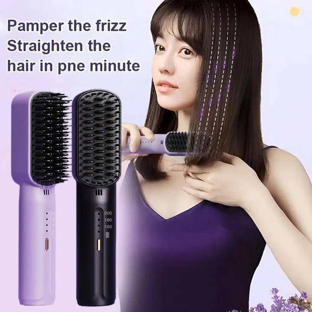 Lazy Hair Straightener Wireless Hair Hot Comb Mini USB Rechargeable Fast Heating Straightening Brush for Home Travel E7X5