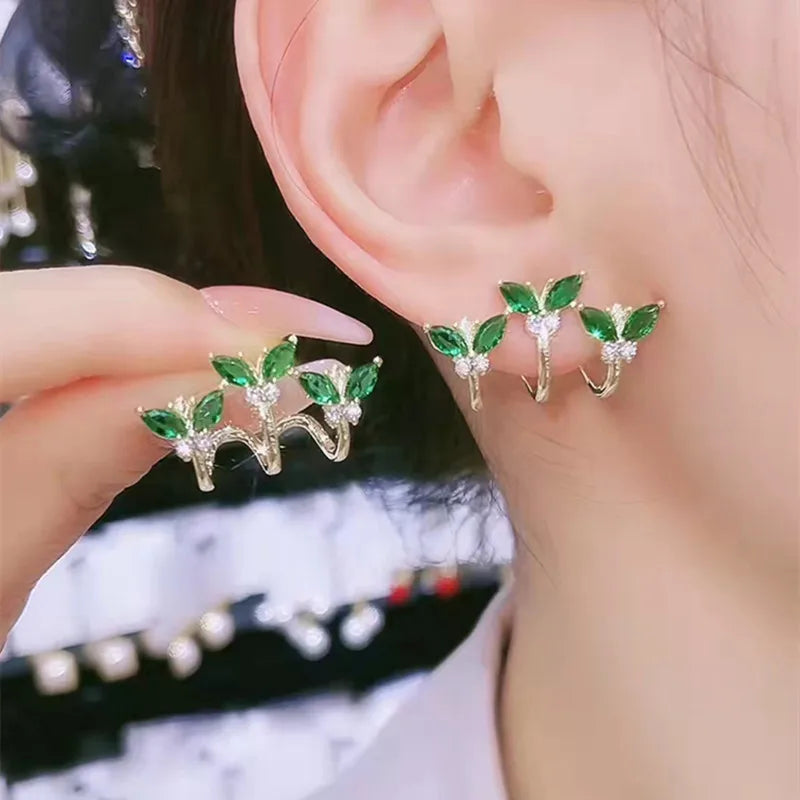 Green Butterfly Zircon Earrings For Women Korean Fashion Luxury Crystal Leaf Bud Stud Earrings Party Holiday Pastoral Jewelry