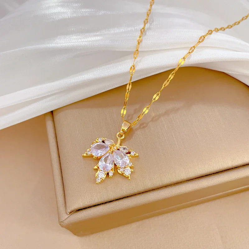 Fashion Micro-inlaid Necklace Earring Set Light Luxury Maple Leaf Personality Temperament Banquet Earrings Clavicle Chain