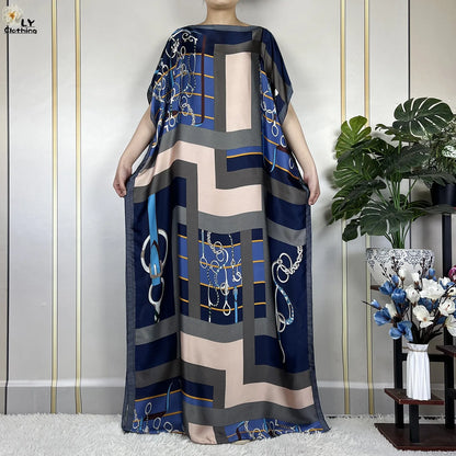 2024 Latest Dubai Islam For Women Print Loose Elegant Dress African Abaya Maxi Summer Short Sleeve Silk Soft Lady Party Dress