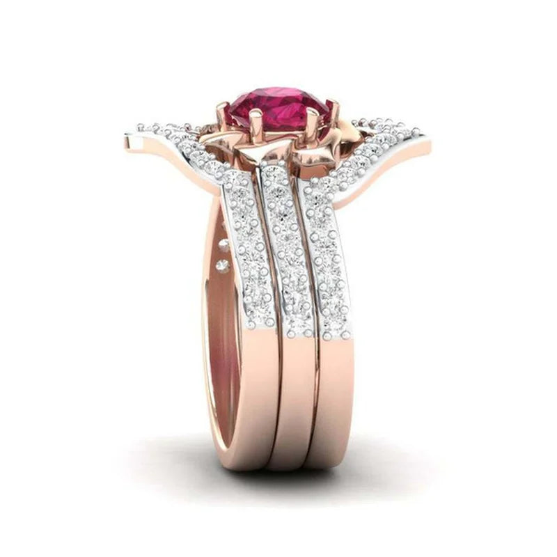 Rose Gold Color Flower Ring for Women Delicate Metal Inlaid Red Zircon Stones