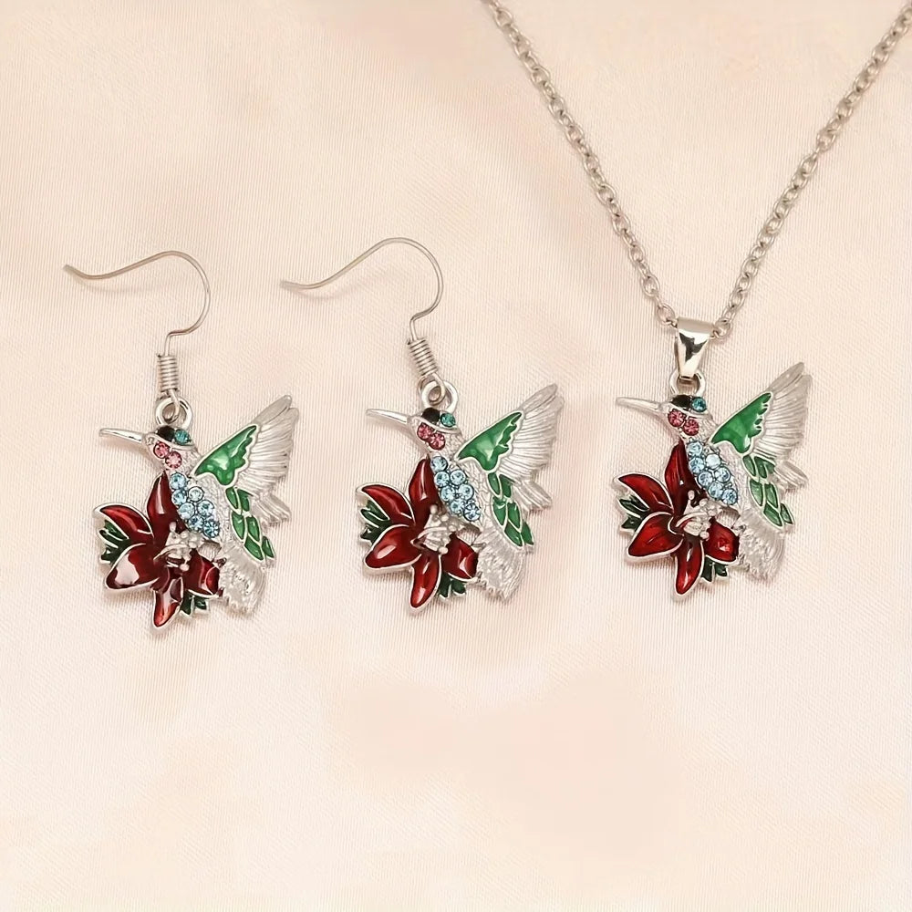 3pcs/set, Cute Hummingbird Red Flower Earrings Necklace Set, Birthday Christmas GiftsAnniversary Party Gifts,in A Niche Style,