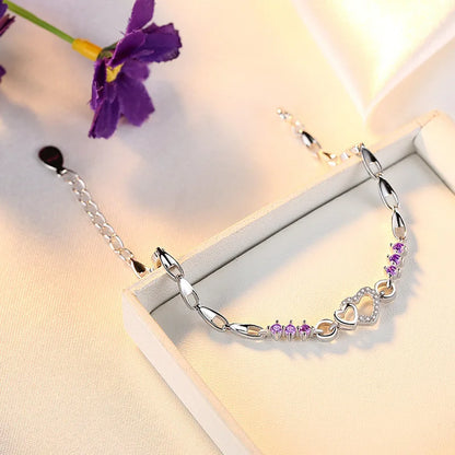 New 925 Sterling Silver Bracelet Purple Crystal Zircon Heart For Woman Charm Bracelet Jewelry Gift