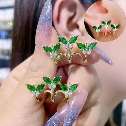 Green Butterfly Zircon Earrings For Women Korean Fashion Luxury Crystal Leaf Bud Stud Earrings Party Holiday Pastoral Jewelry